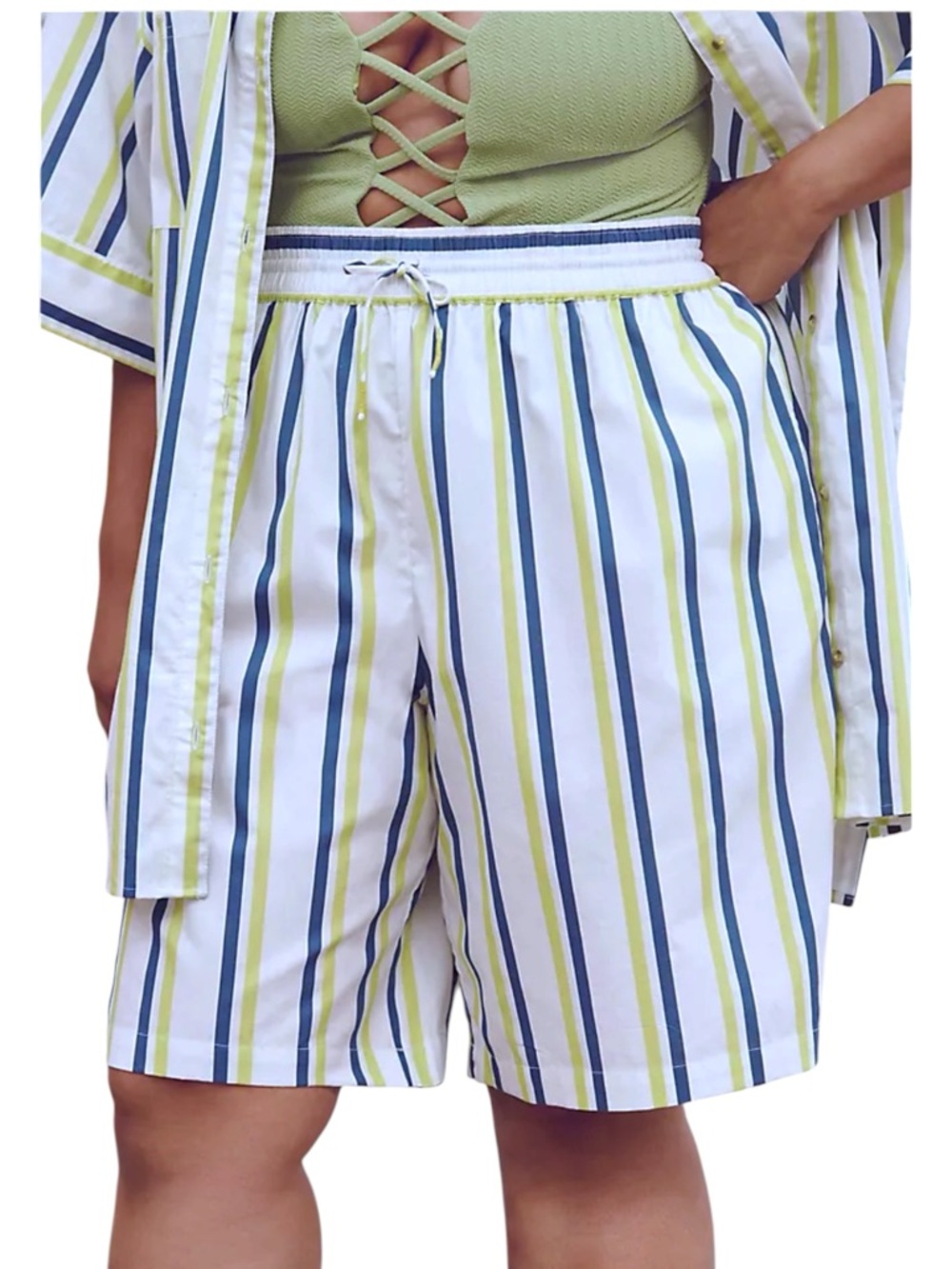 By ANTHROPOLOGIE Boxy “Bermuda Shorts” Striped in White, Navy, Lime White